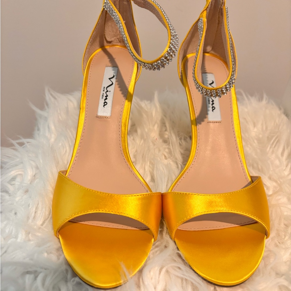 Nina Bright Yellow Satin Open-Toe Heels with Crystal Ankle Strap